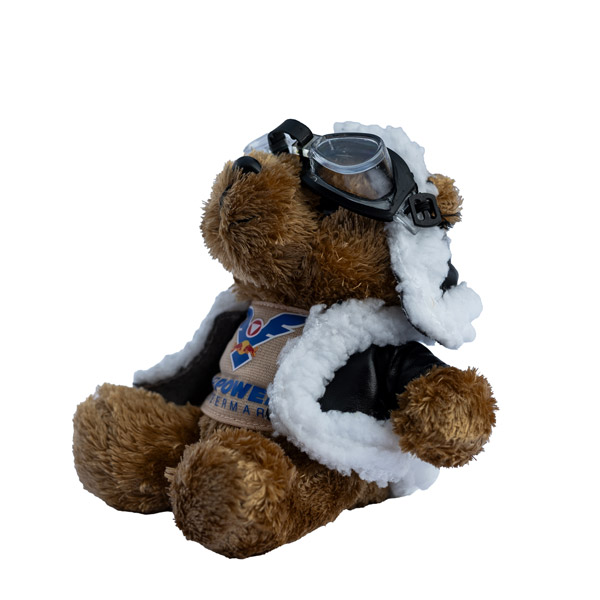Ein als Pilot verkleideter Plüschteddybär mit Fliegerbrille und Jacke sitzt aufrecht vor einem weißen Hintergrund.